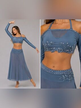Custom solo dance costume 2 piece light blue illusion lyrical SA-Small adult